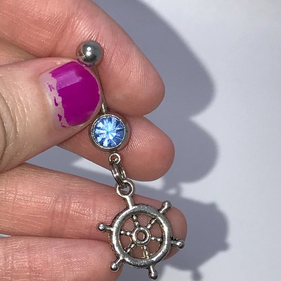 Light Blue Gem Nautical Wheel Design Dangle Belly Ring - Picture 6 of 6